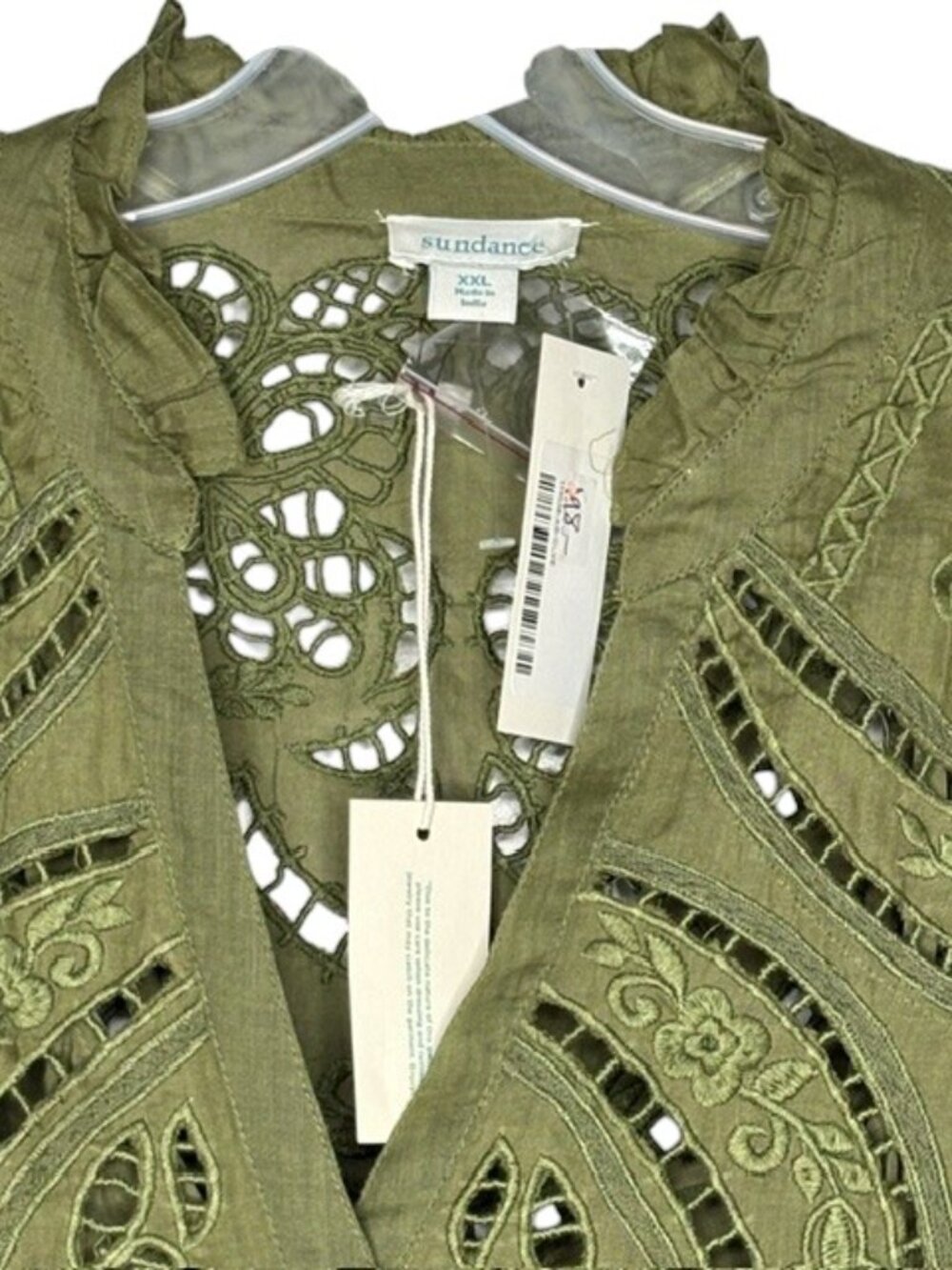 Sundance 2-Piece Embroidered Cutwork Full Sleeved Split Neck Top - XXL - Olive - Picture 4 of 12